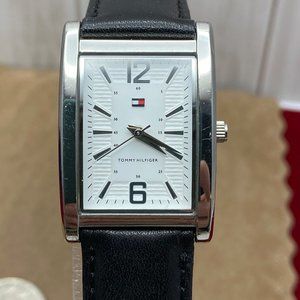 Tommy Hilfiger Black Leather Strap Stainless Steel Tank Style Watch